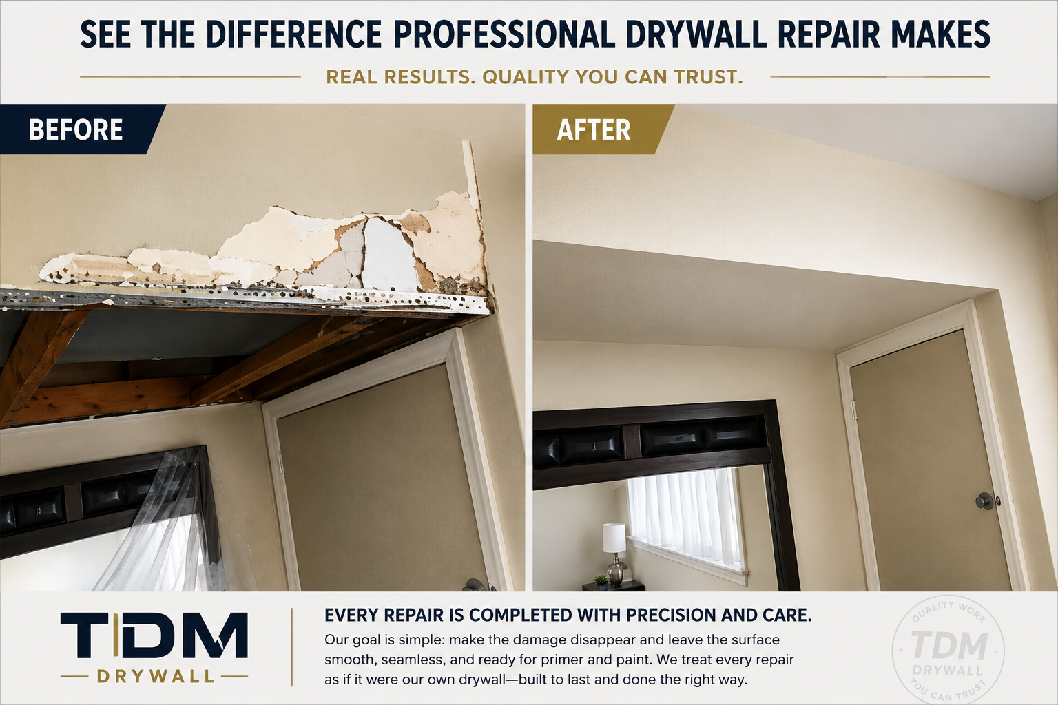Before and after drywall repair above doorway in Monroe, MI by TDM Drywall