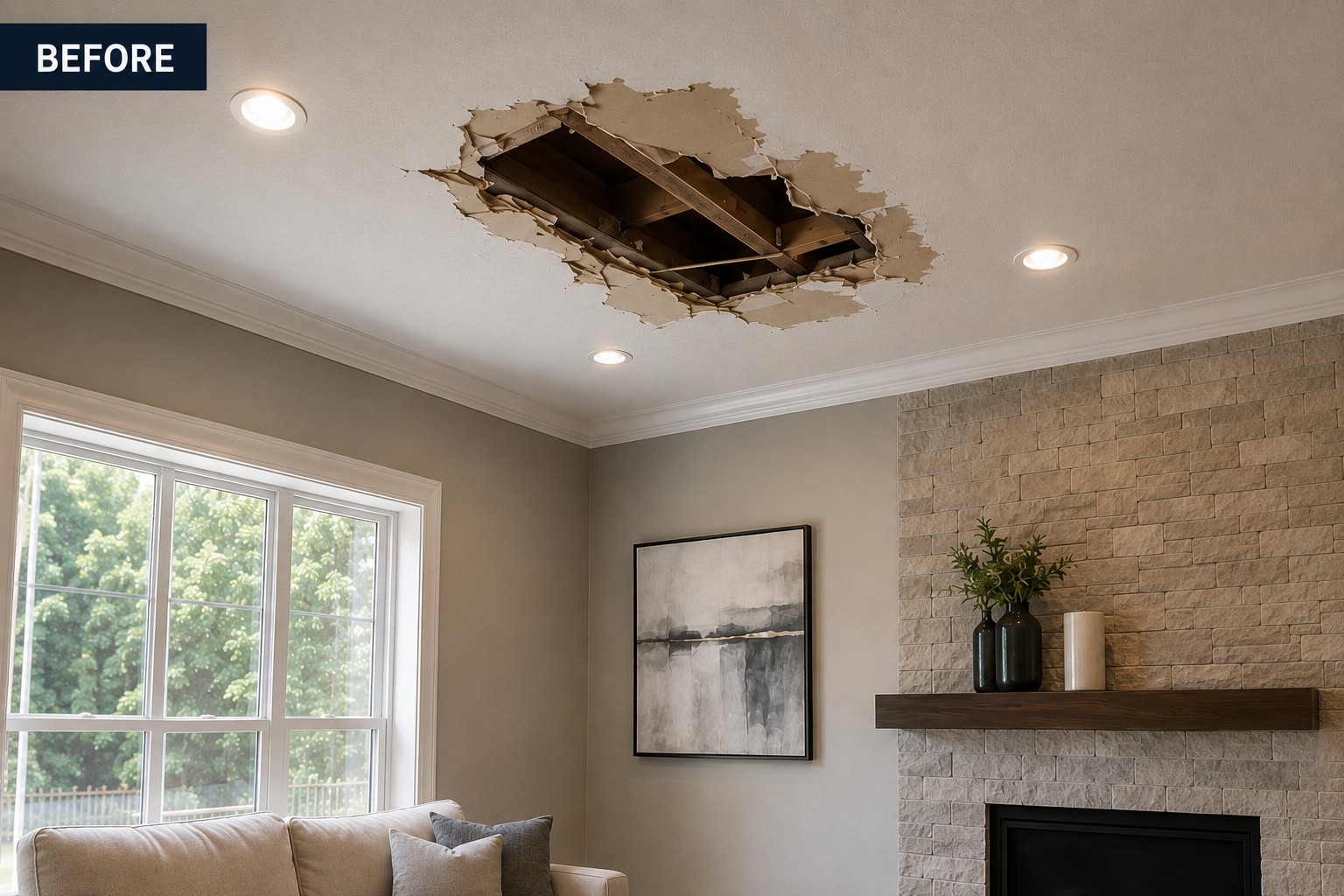 Illustrative example of a damaged ceiling before drywall repair